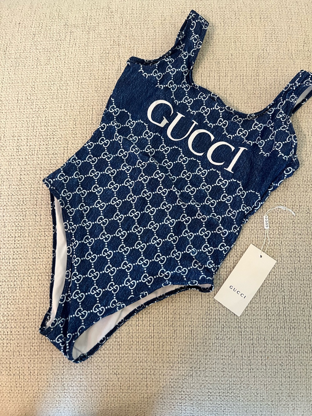 Gucci Denim Style Logo Women One-Piece Swimsuit Large New